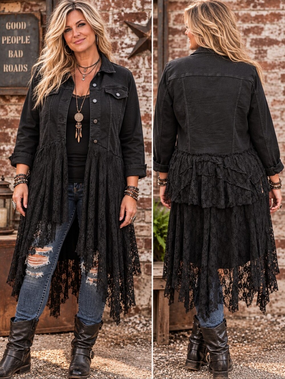 Upcycled Black Lace Tiered Denim Jacket